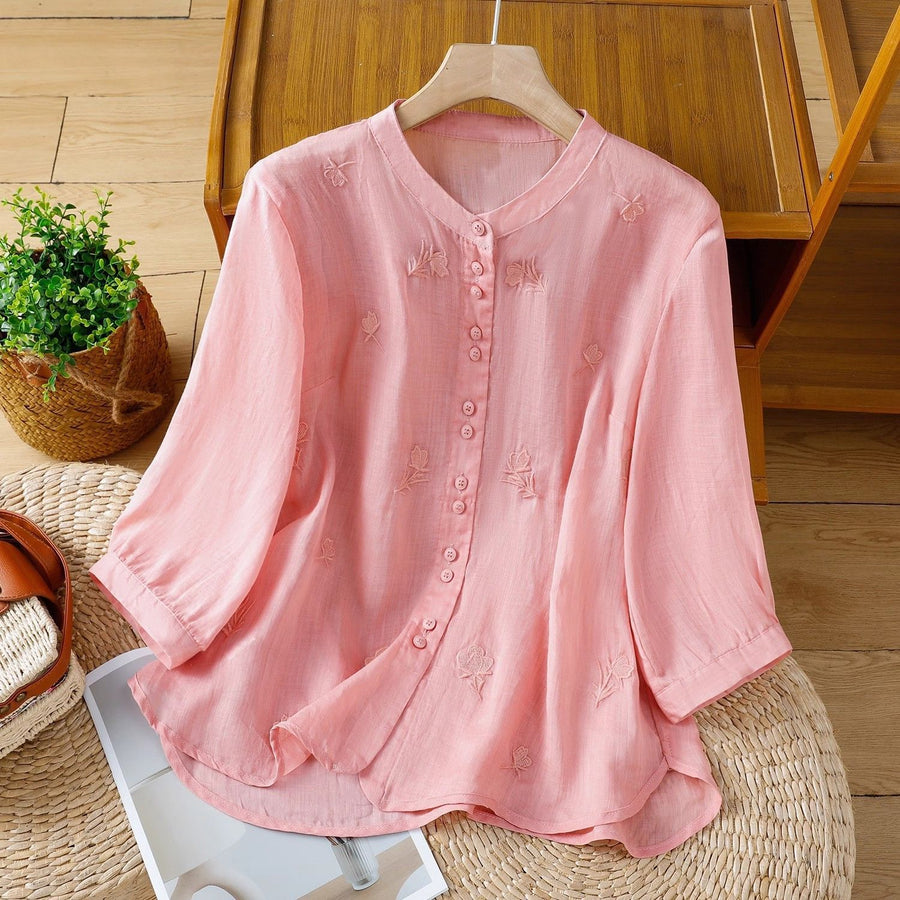 Stand-collar Retro Loose-fit Embroidered Blouse For Women