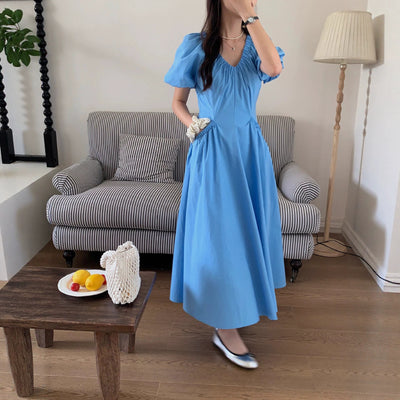 Womens Casual V-Neck Dress With Puff Sleeves
