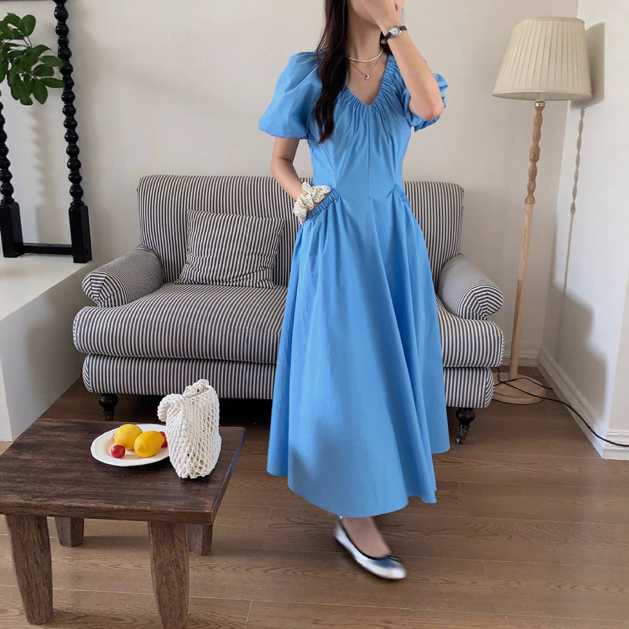Womens Casual V-Neck Dress With Puff Sleeves