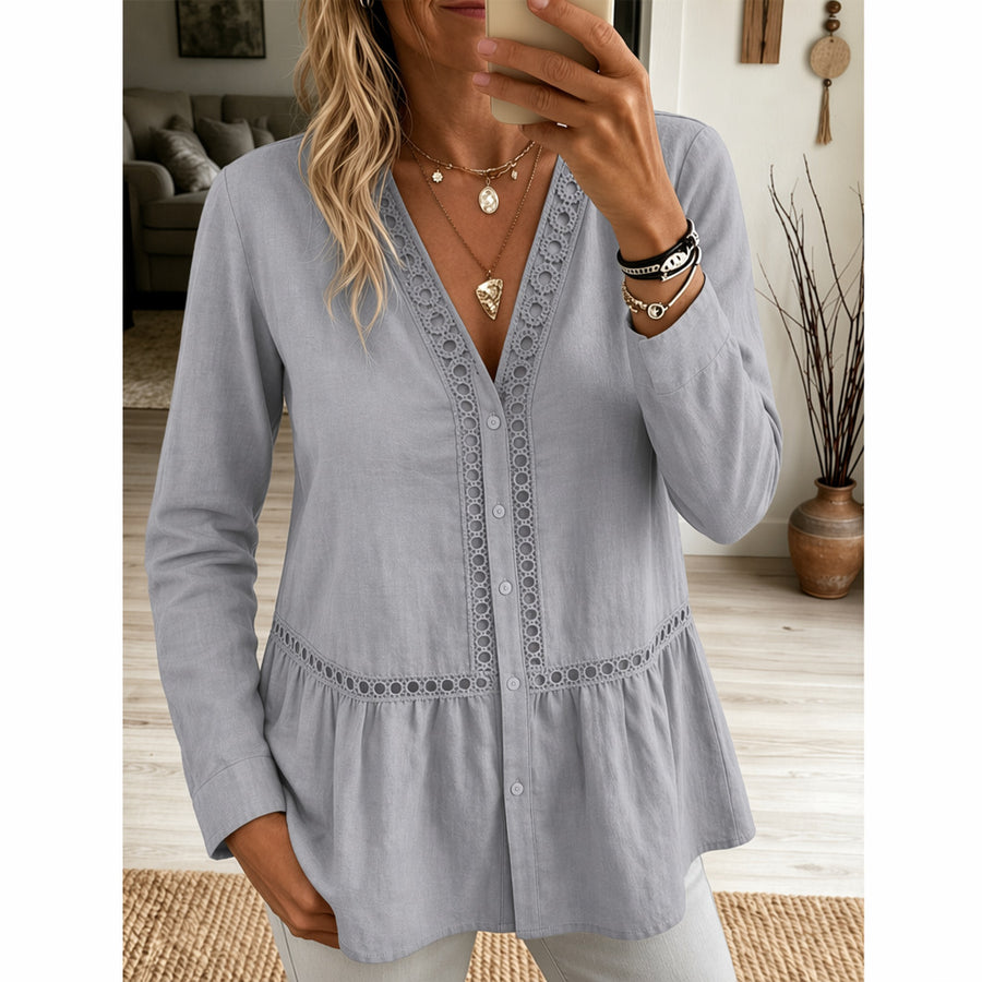 Womens Casual Solid-Color Lace-Patchwork Long-Sleeve Shirt