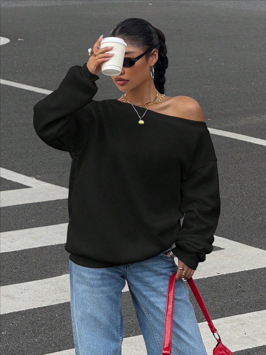 New Fallwinter Solid-color Loose-fit Off-shoulder Pullover