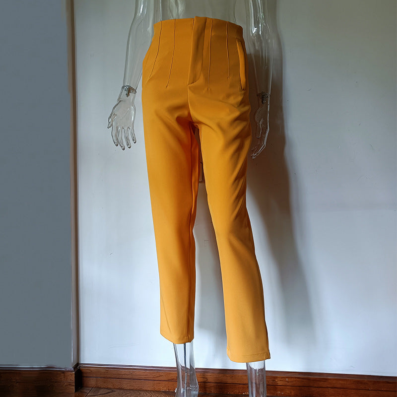 Pleated Casual High Waist Pure Color Slim-fit Basic Pants