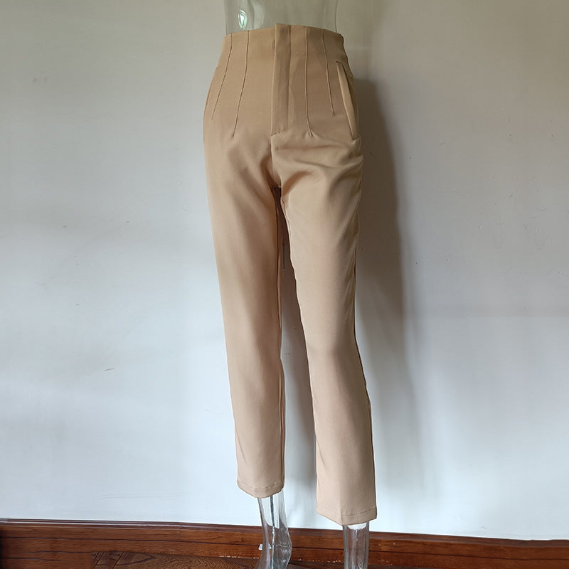 Pleated Casual High Waist Pure Color Slim-fit Basic Pants