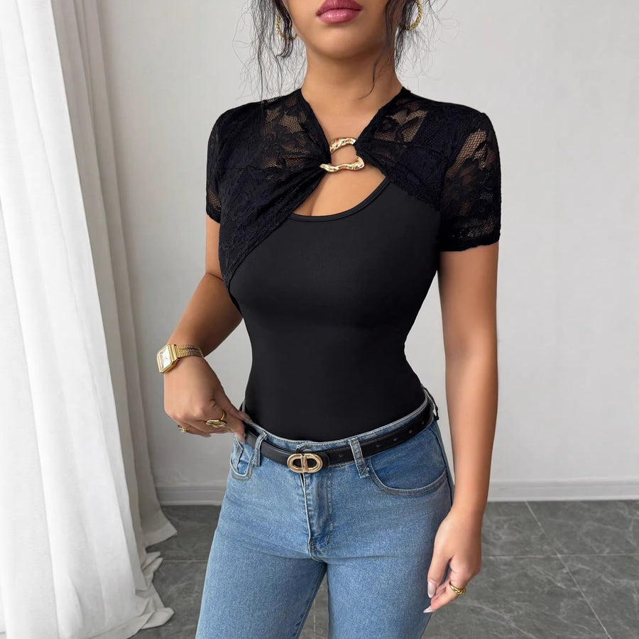 Womens Lace-panelled Hollow-out Short-sleeve Top With Metal Buckles