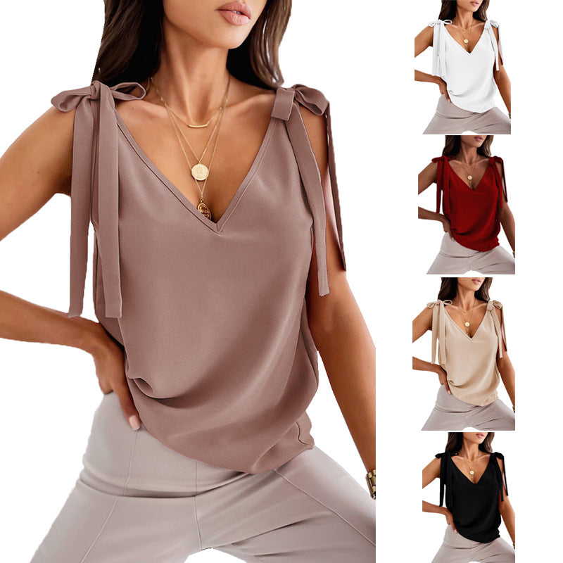 Bowknot Tie Up Camisole V-neck Shirts Women Summer Sleeveless