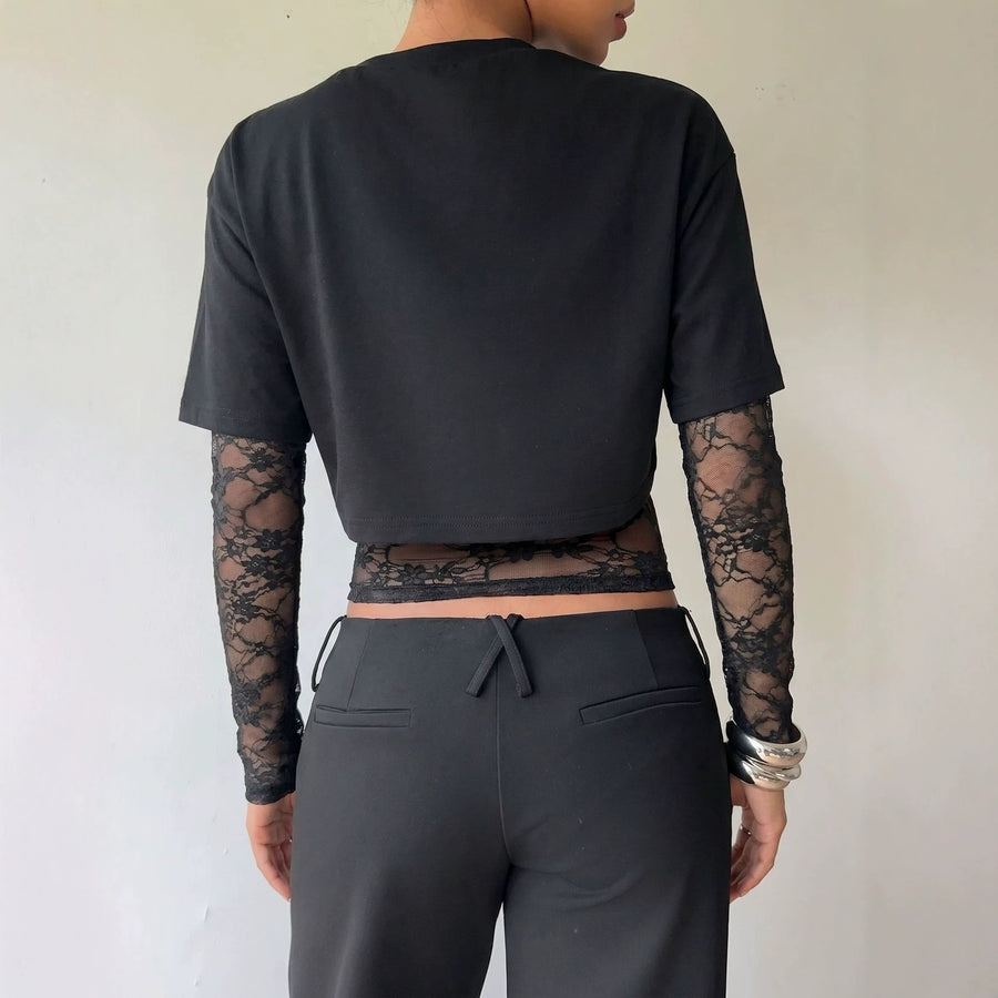 Autumn New Lace Splicing Waist Top
