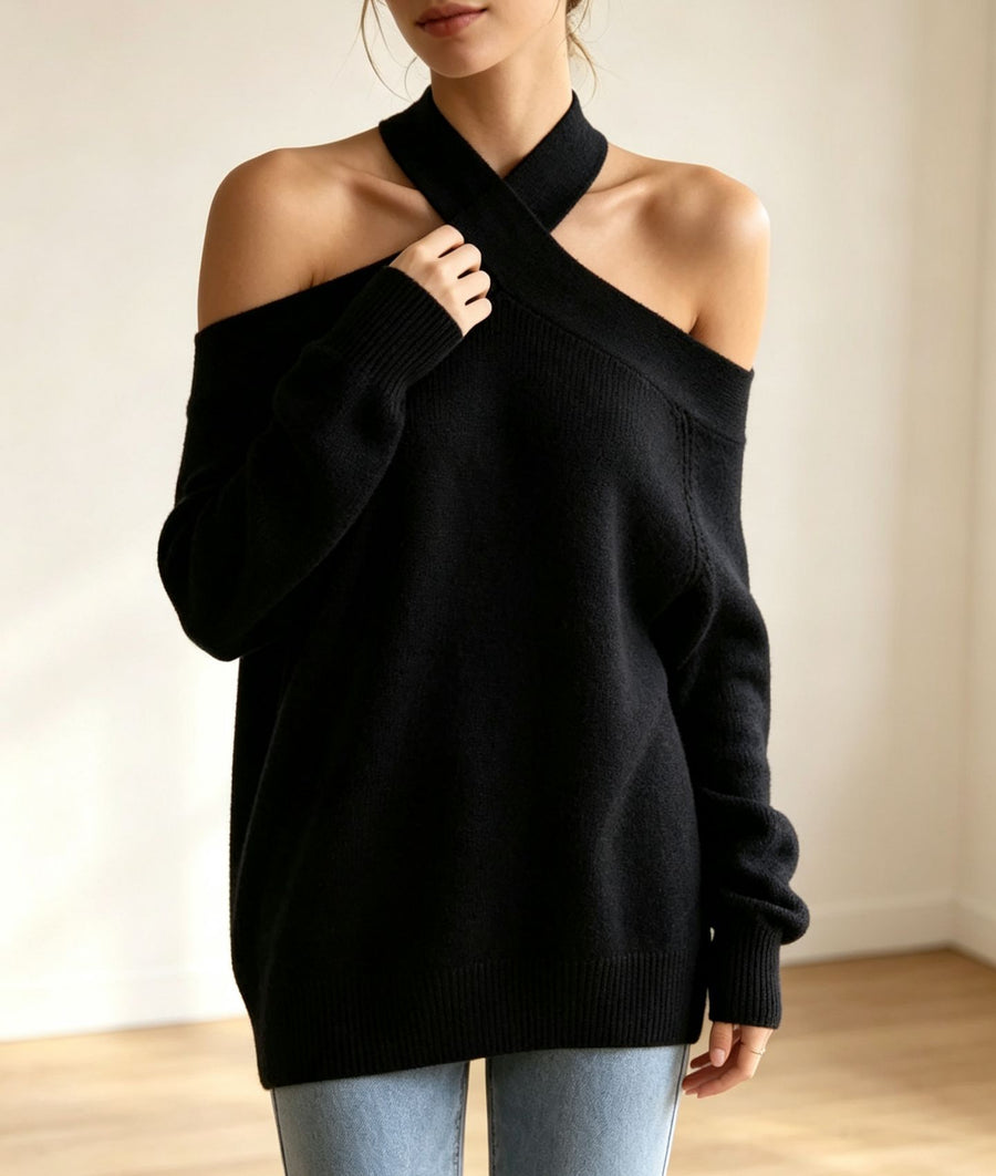 Halterneck Off-shoulder Knitted Pullover For Women