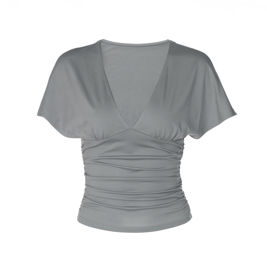 French-style V-neck Pleated Waist-cinching Figure-flattering Short Sleeve