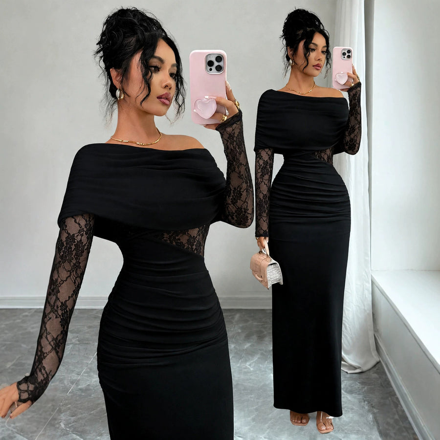 Lace-panelled Waist-cinching Figure-flattering Sheath Dress