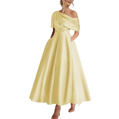 Satin Off-the-shoulder Draped Waist Dress