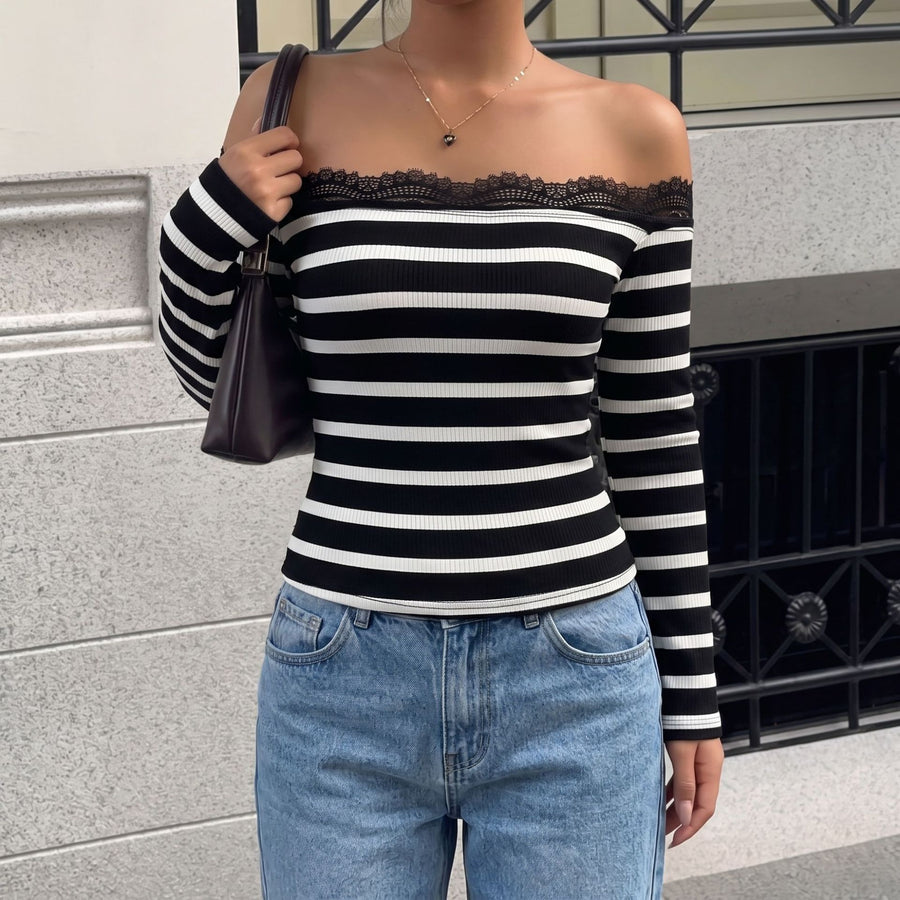 Off-shoulder Striped Lace Boat-neck T-shirt For Women