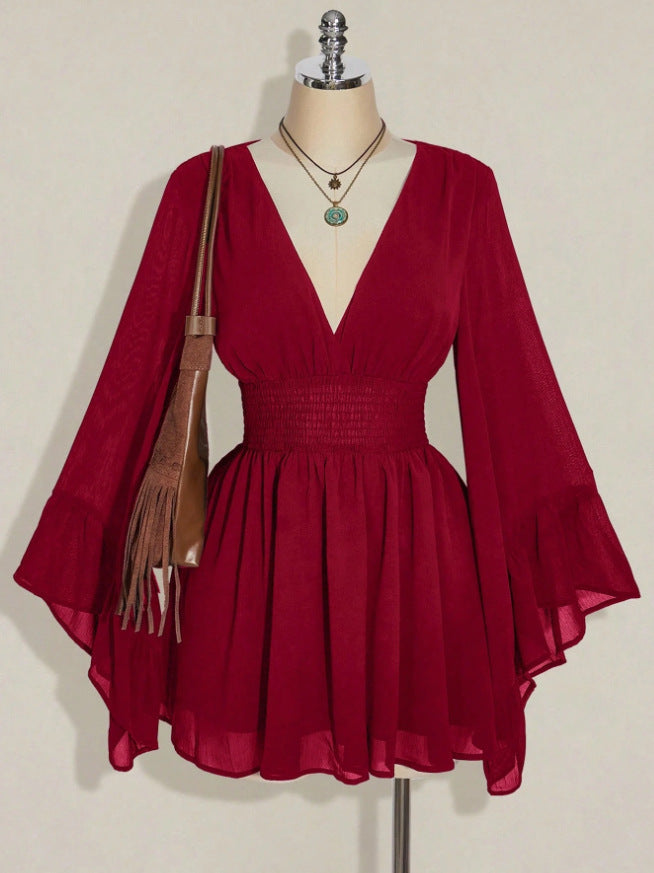 Womens Solid-Color Fashionable V-Neck Waist-Cinching Dress