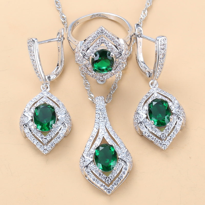 Gem-inlaid Pendant Earrings Necklace Ring Ladies Three-piece