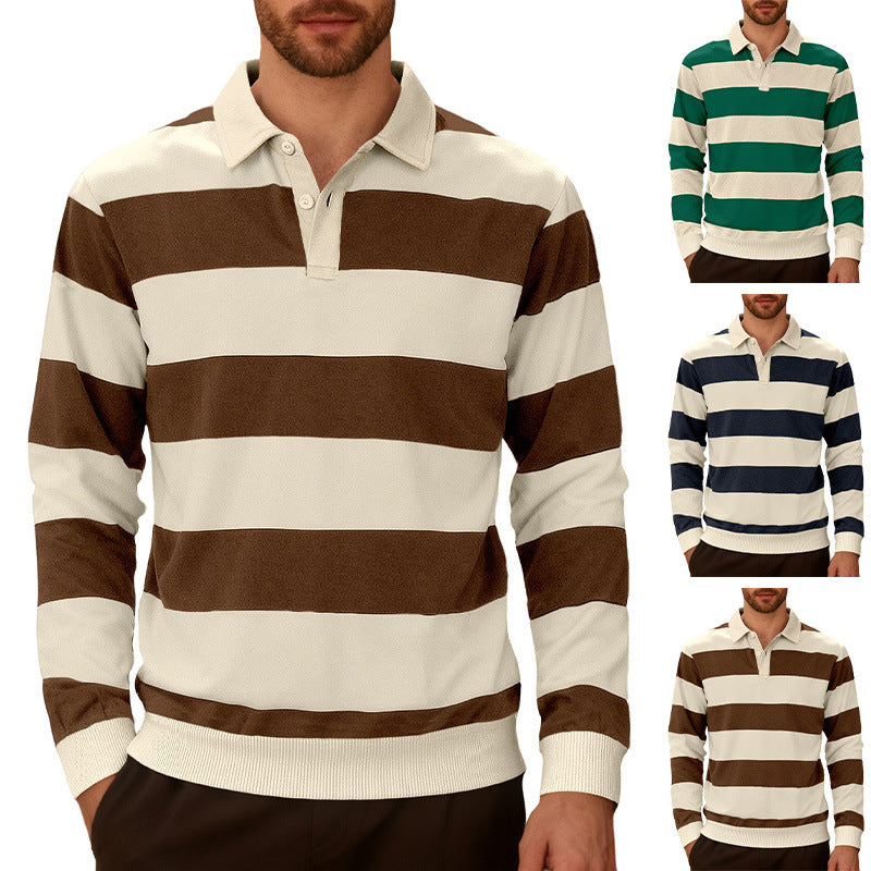 Men's Striped Color-blocked Button Long-sleeve Knit Shirt