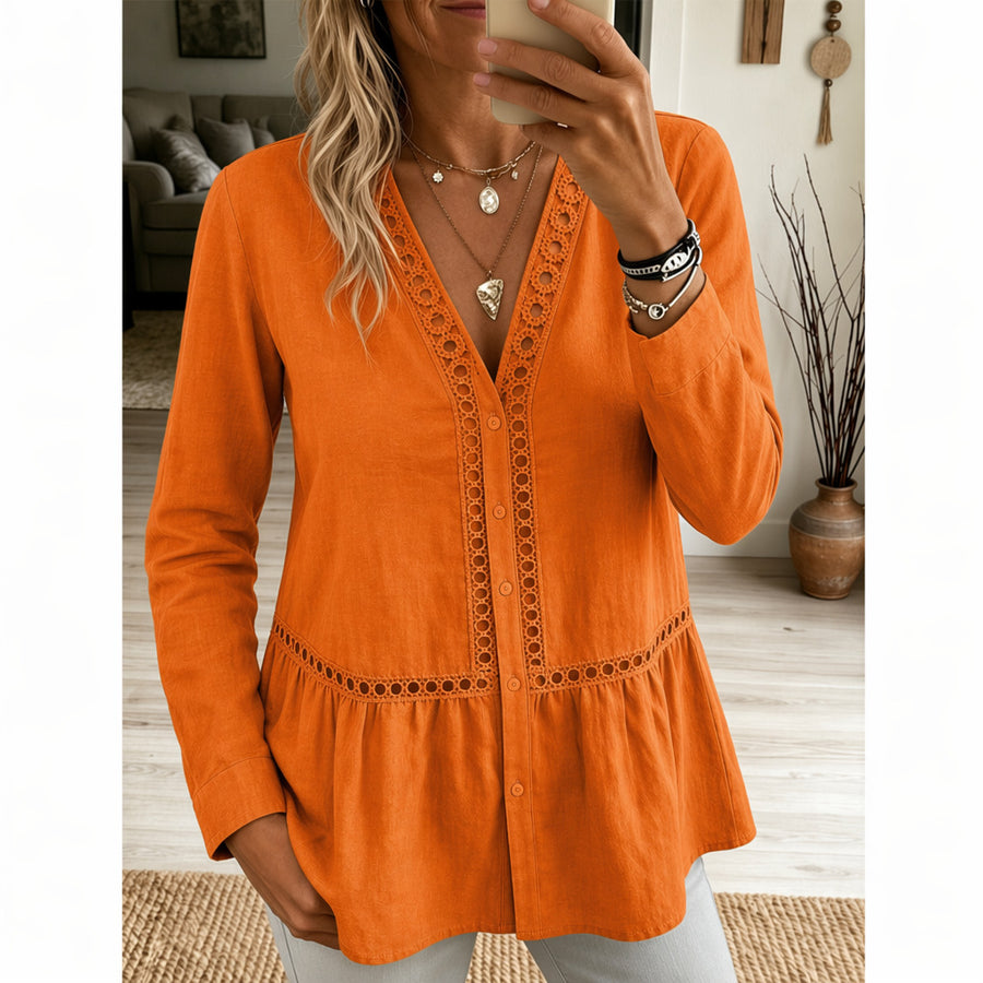 Womens Casual Solid-Color Lace-Patchwork Long-Sleeve Shirt