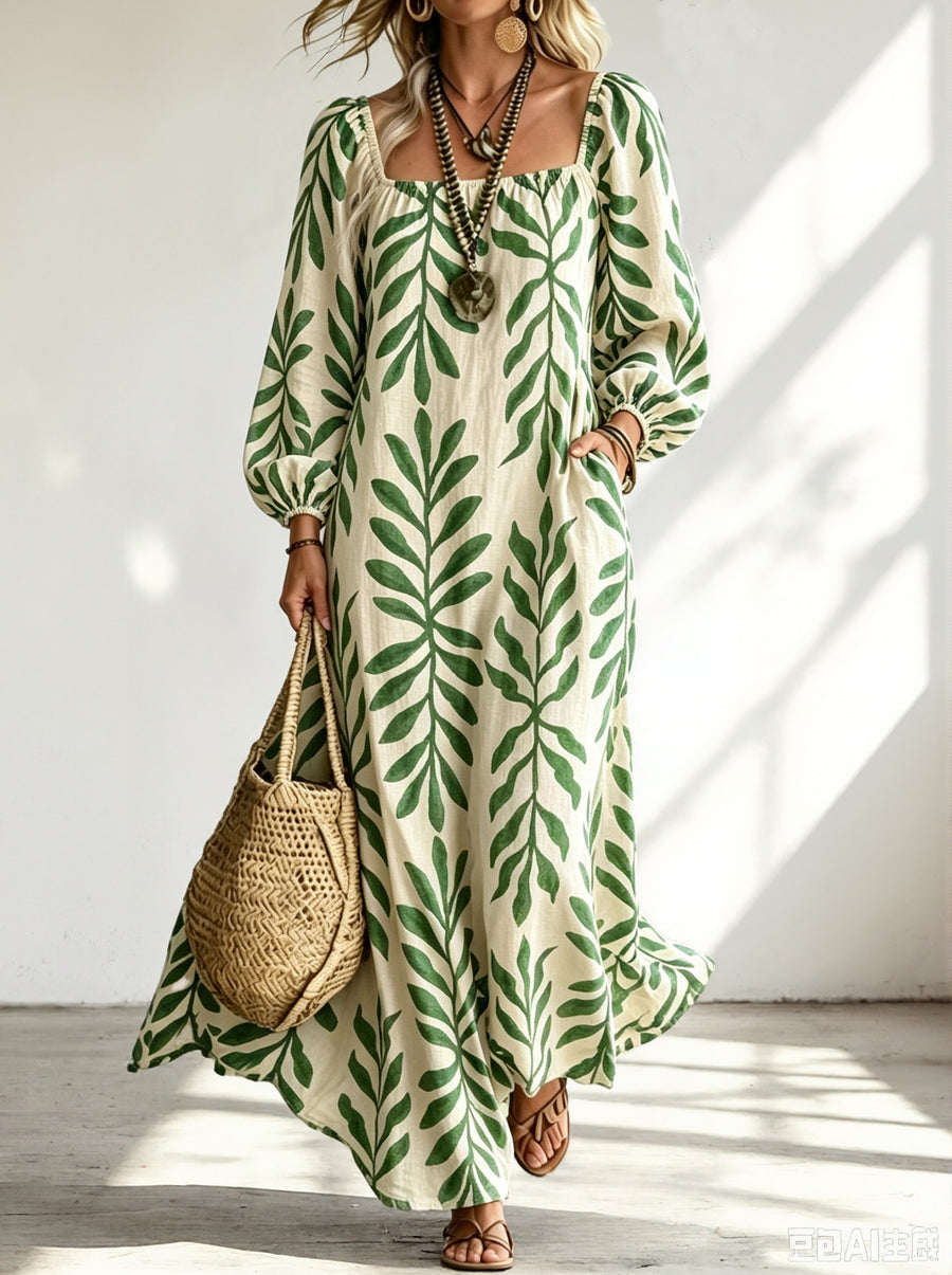 Printed Long-Sleeve U-Neck Pocket Dress For Women