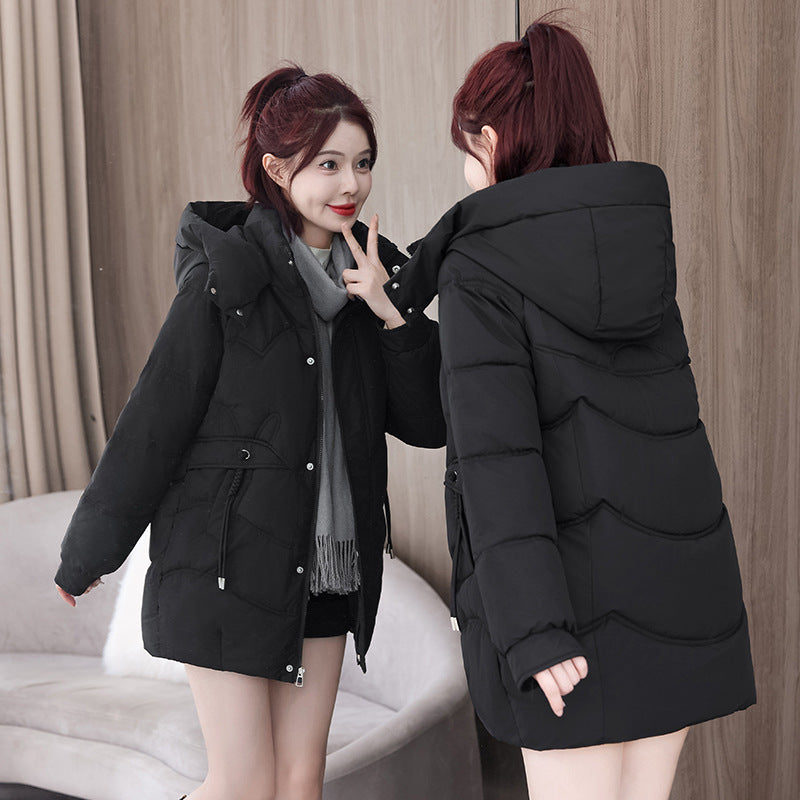 Womens New Solid-Color Mid-Length Puffer Jacket With Hood