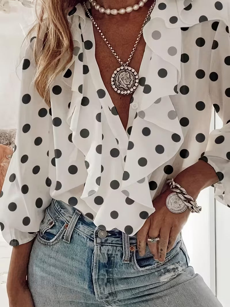 Womens Apricot V-Neck Long-Sleeve Polka-Dot Print Ruffle-Trim Shirt