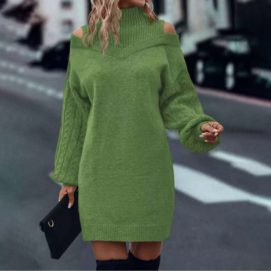 Off-shoulder Womens Pullover Mock Turtleneck Puff-sleeve Knit Sweater For Women