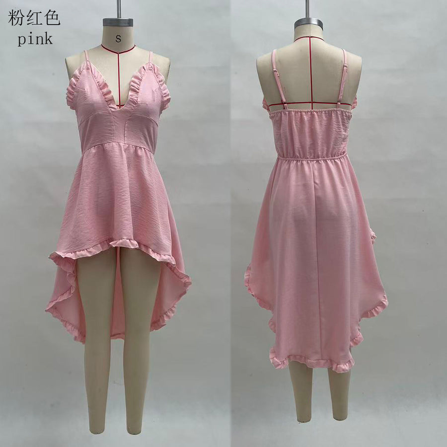 2026 Summer Suspender Pure Color Short Skirt Women's Off-Shoulder Beach Asymmetrical Dress