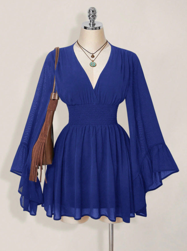 Womens Solid-Color Fashionable V-Neck Waist-Cinching Dress