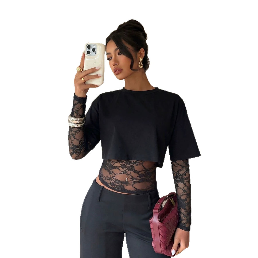 Autumn New Lace Splicing Waist Top