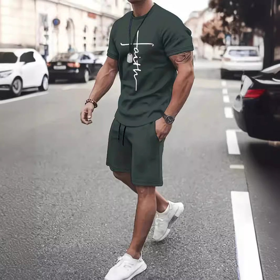 Casual Sports Suit Round Neck Short Sleeve 3d Digital Printing Design Two-piece Set
