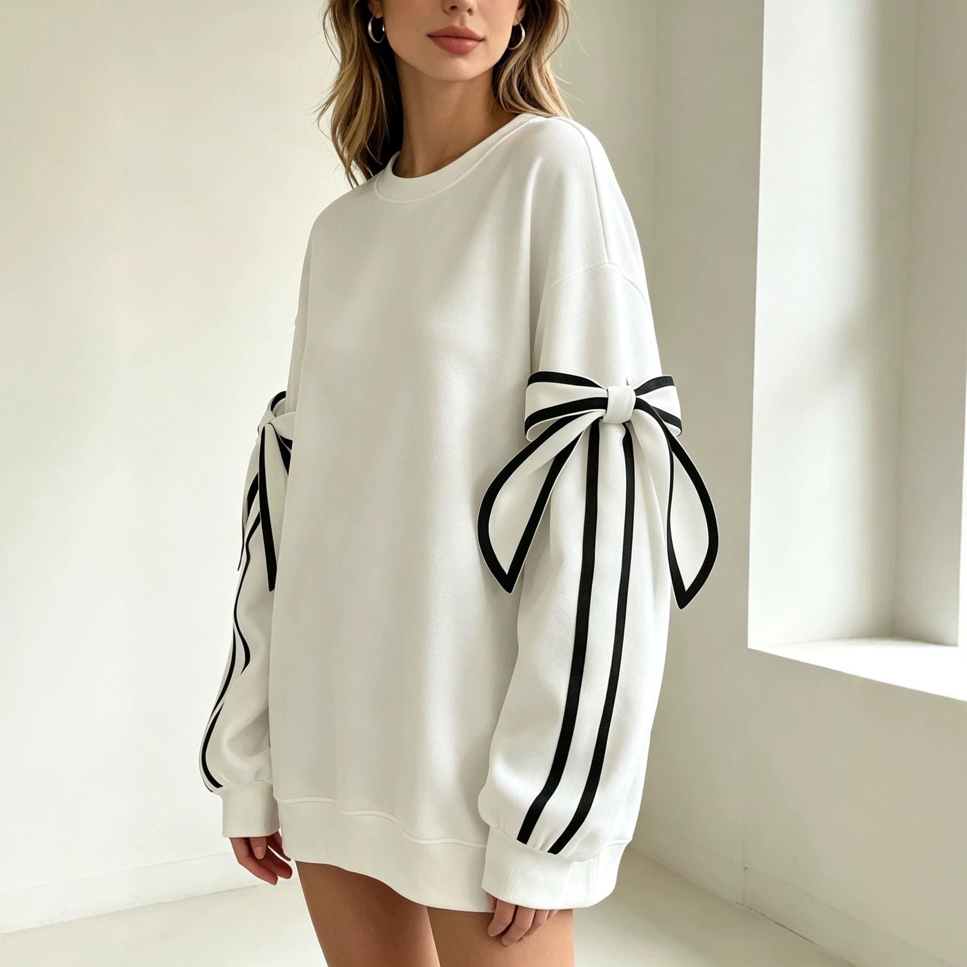 Fashion Casual Bow Round Neck Long Sleeve Sweater For Women