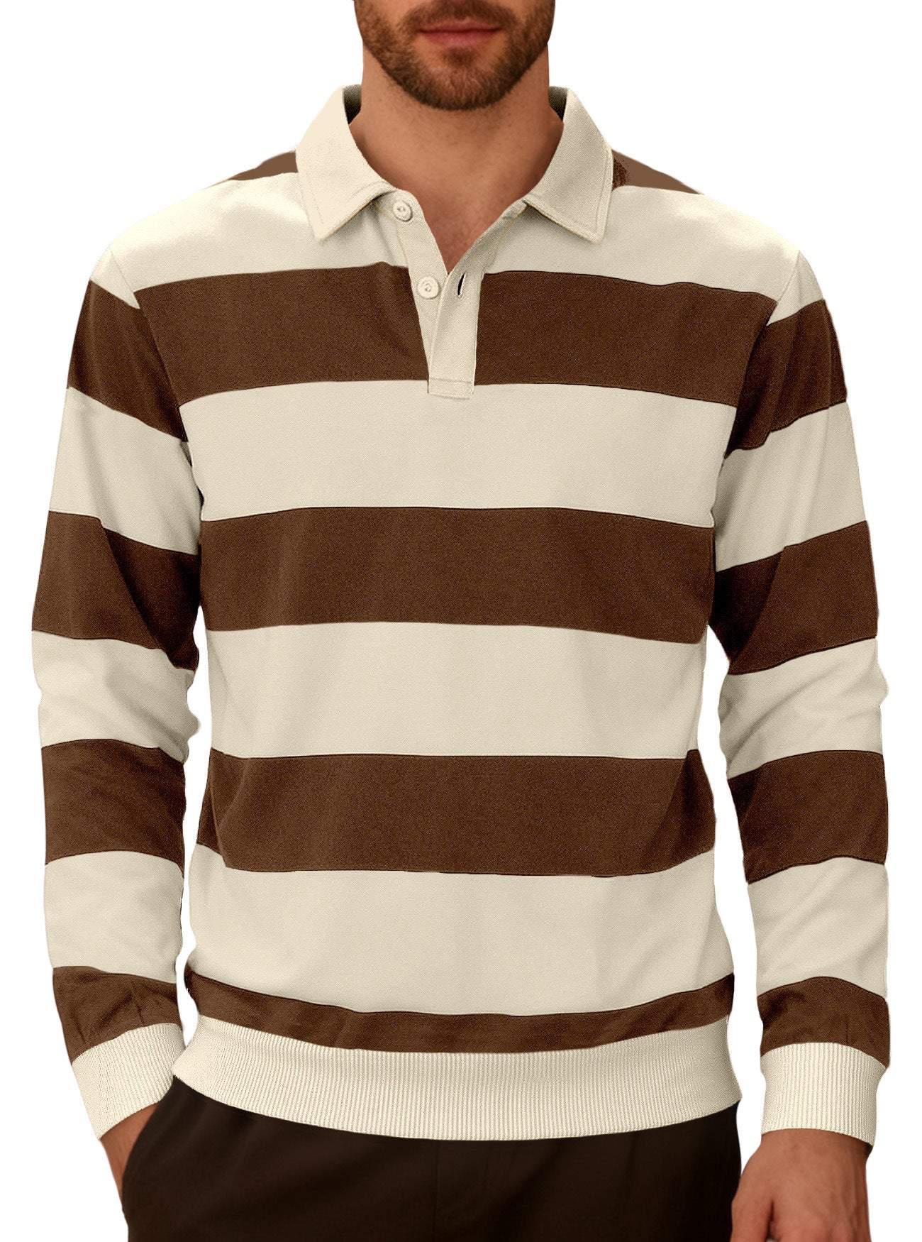 Men's Striped Color-blocked Button Long-sleeve Knit Shirt