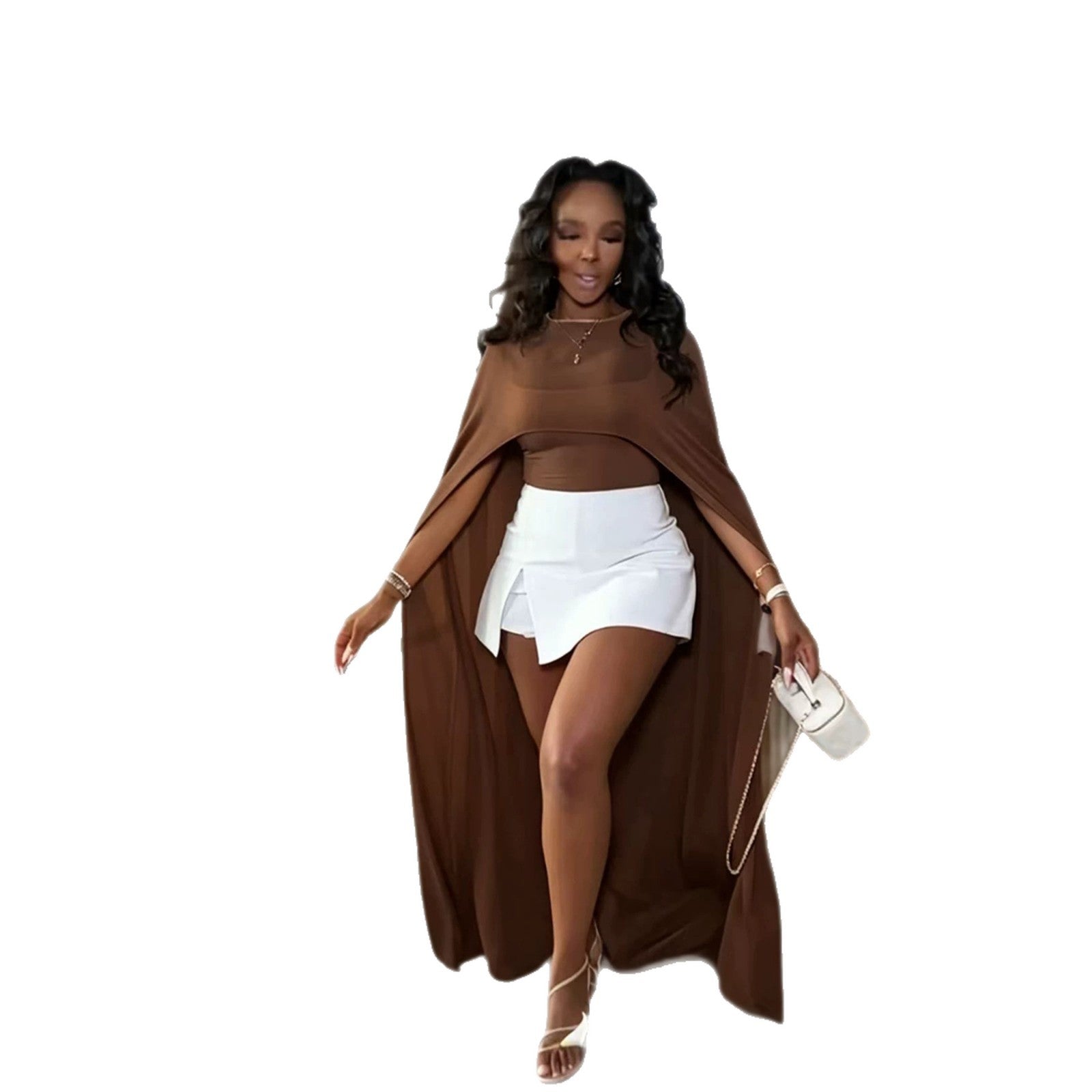Elegant Womens Loose-fit Mesh Maxi Cape With Draped Batwing Sleeves And A Midriff-baring