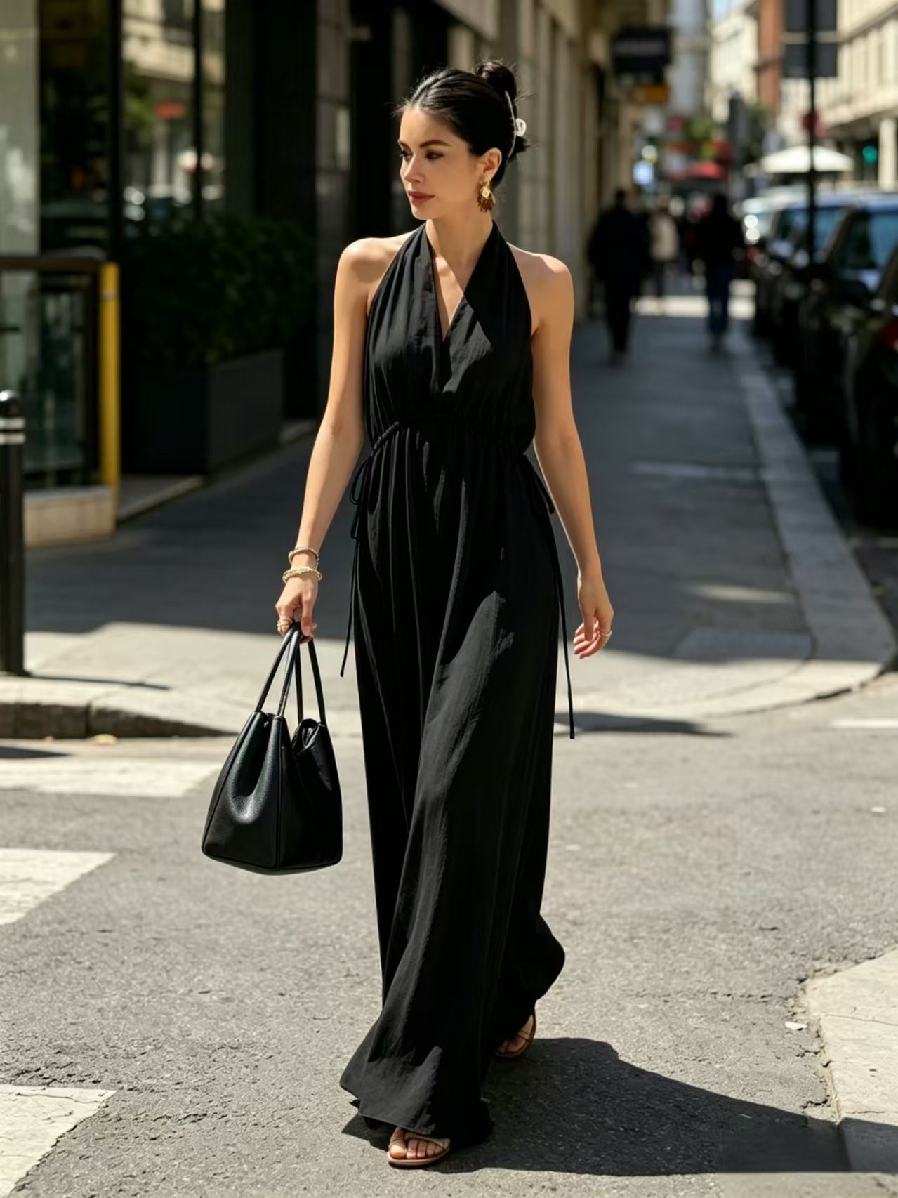 Halter Neck V Neck Waist Cinched Sleeveless Maxi Dress In A Vacation Style