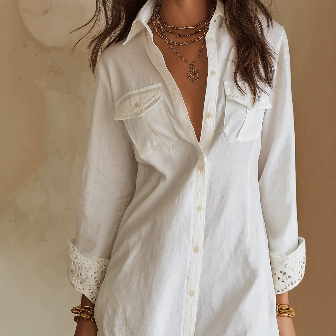 Hollowed-out Lace Irregular Casual Long-Sleeve Shirt