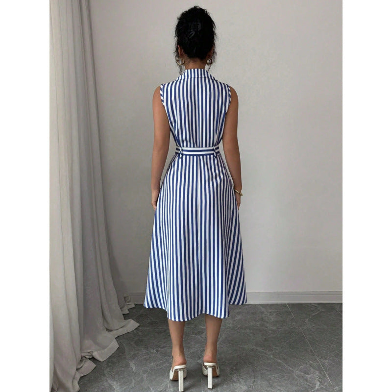 Womens Striped Waist-Cinching Elegant Dress