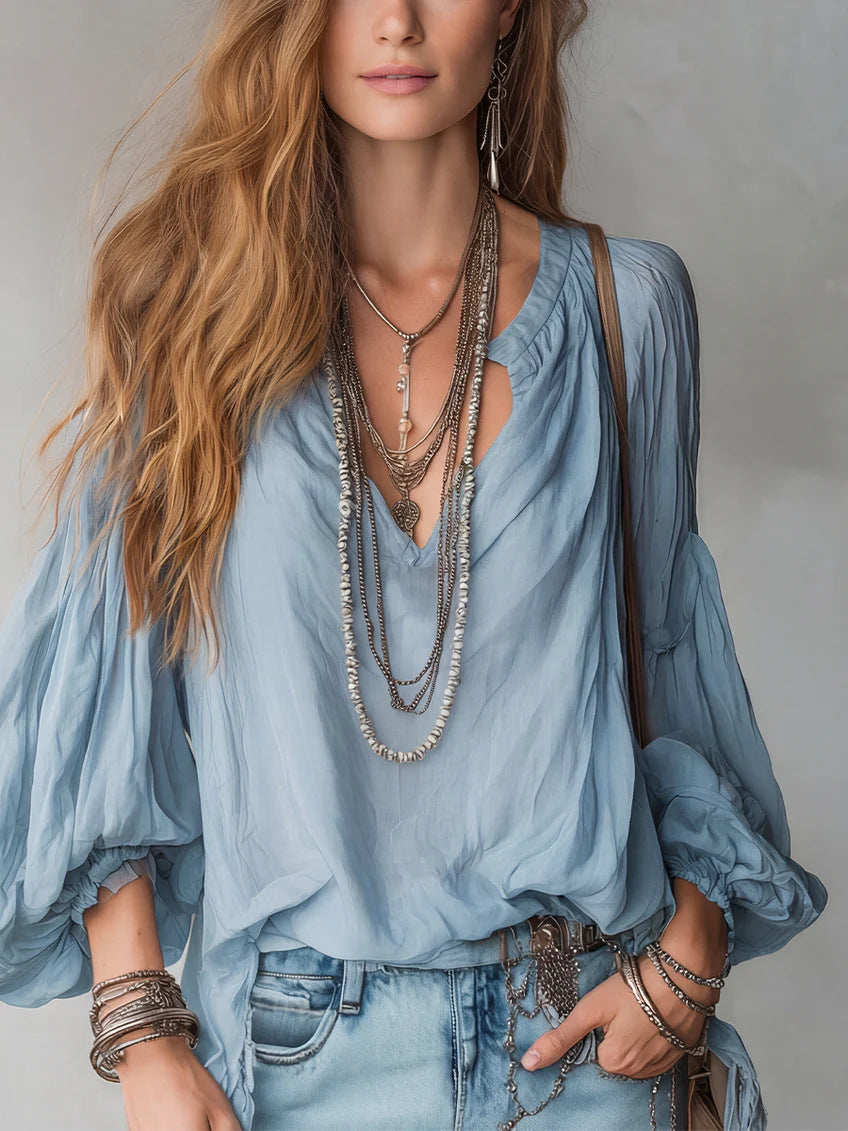 Womens Solid-Color Loose-Fitting Long-Sleeve V-Neck Shirt