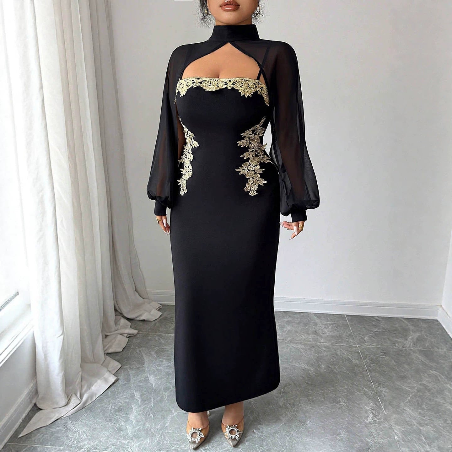 Hollow-out Chest Gold-thread Embroidery Waist-cinching Figure-flattering Mermaid Style