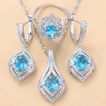 Gem-inlaid Pendant Earrings Necklace Ring Ladies Three-piece