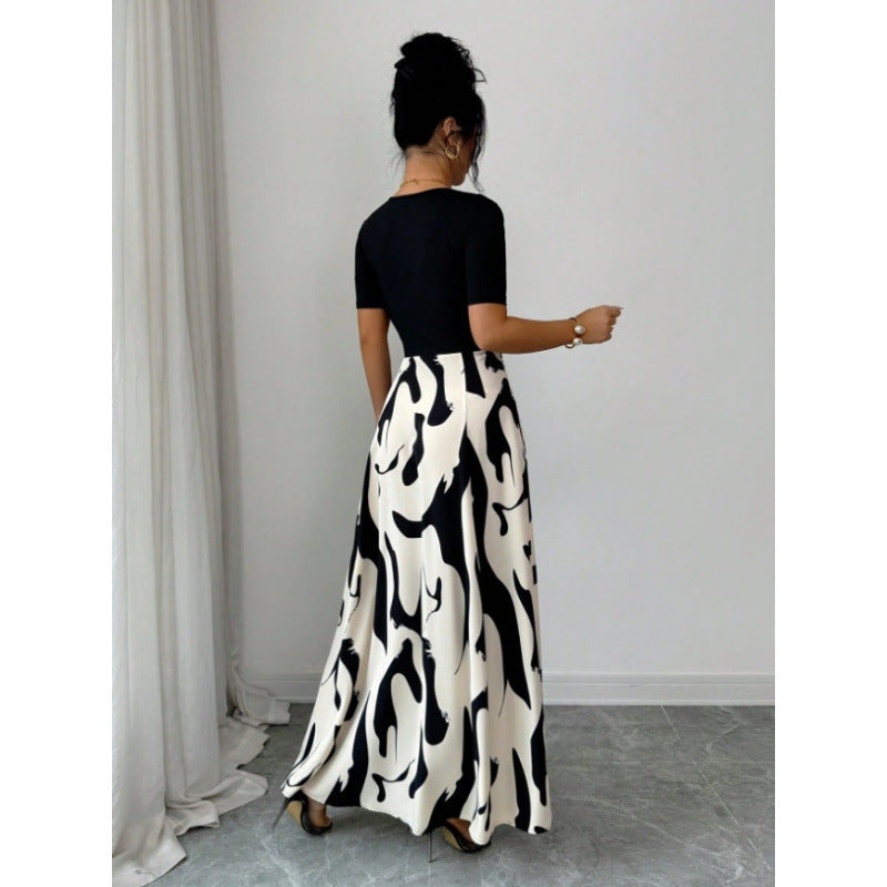 Womens Versatile Lace-up Waist-cinching Printed Dress