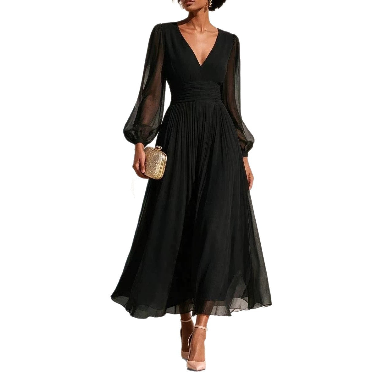 Fitted-waist Figure-flattering Pleated Dress