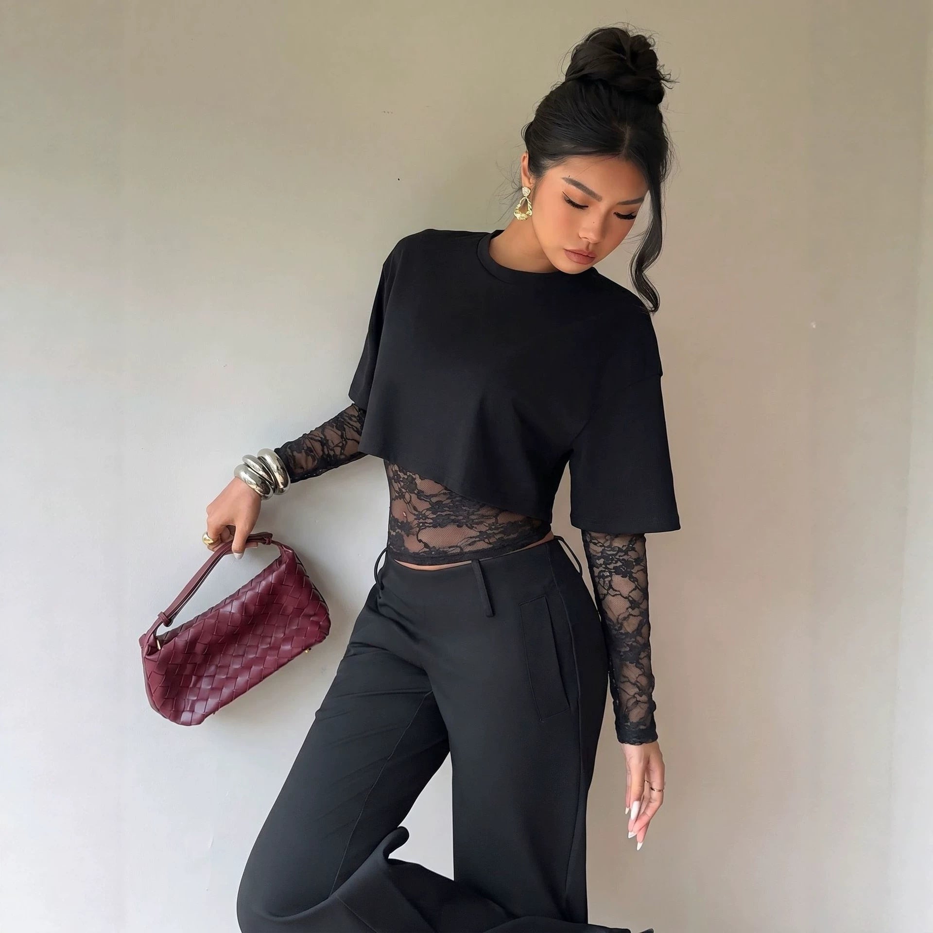 Autumn New Lace Splicing Waist Top