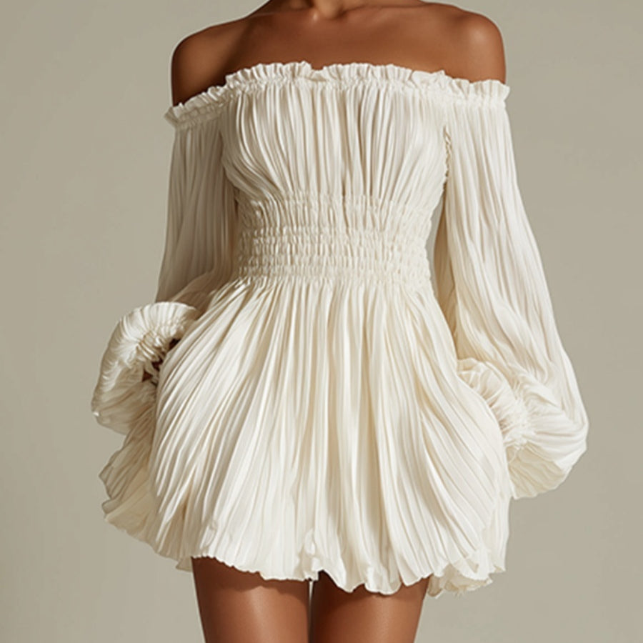 Womens Off-shoulder Pleated Waist-cinching Long-sleeve Dress
