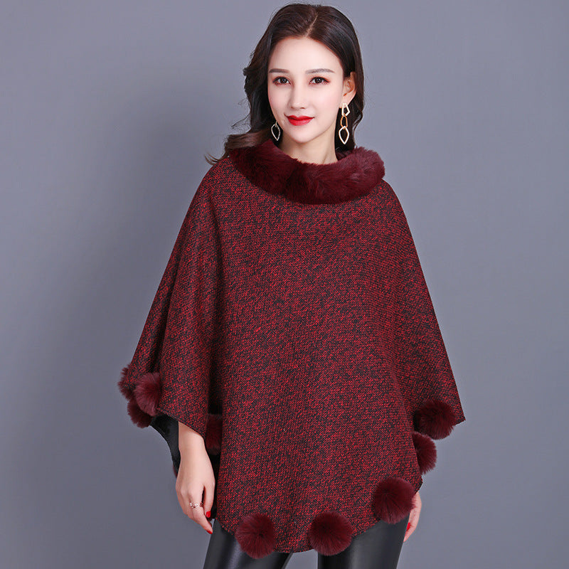 Women's Brown Mid-length Furry Ball Shawl Cape with Outerwear