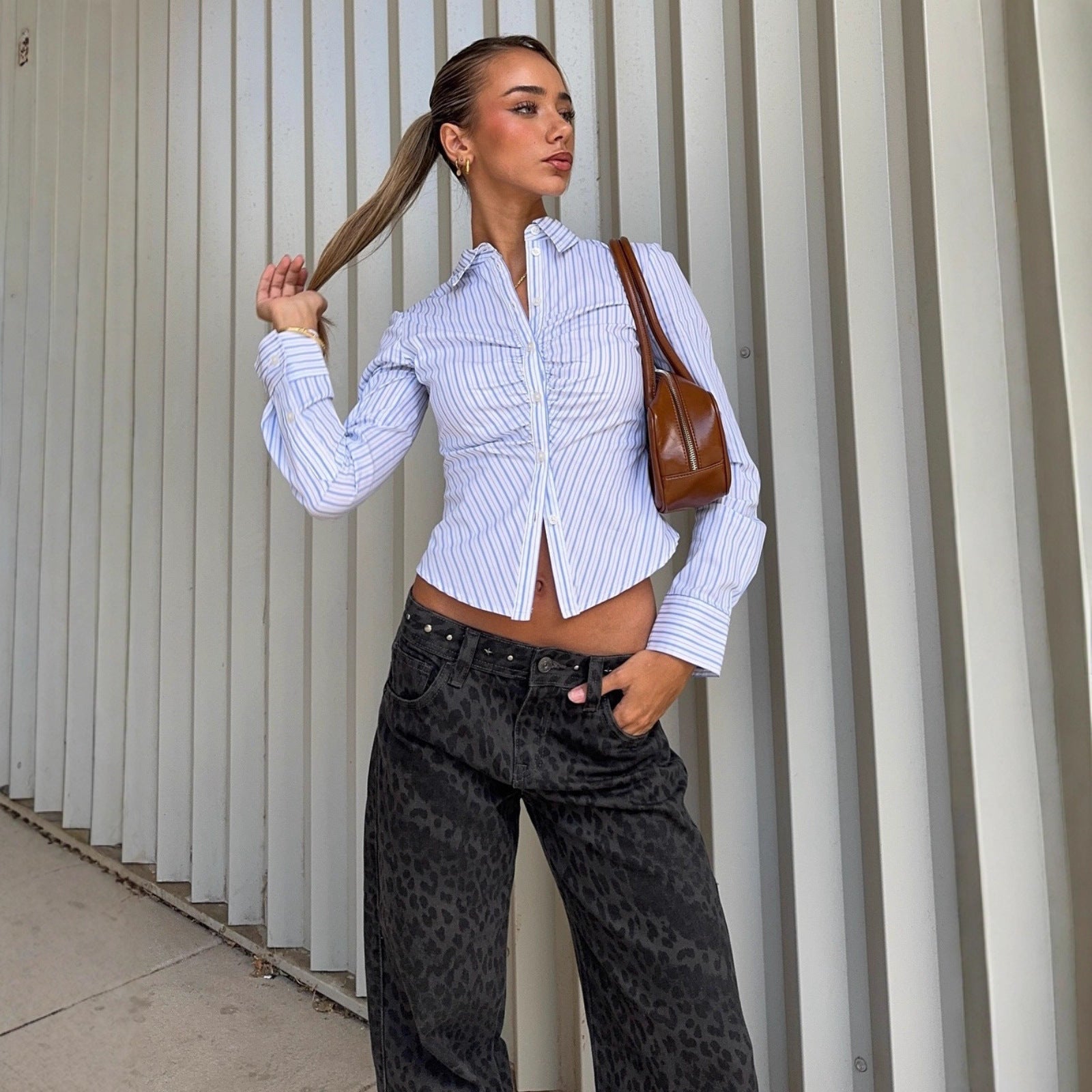 Womens Elegant Polo-collar Buttoned Cardigan Striped Long-sleeve Blouse Top