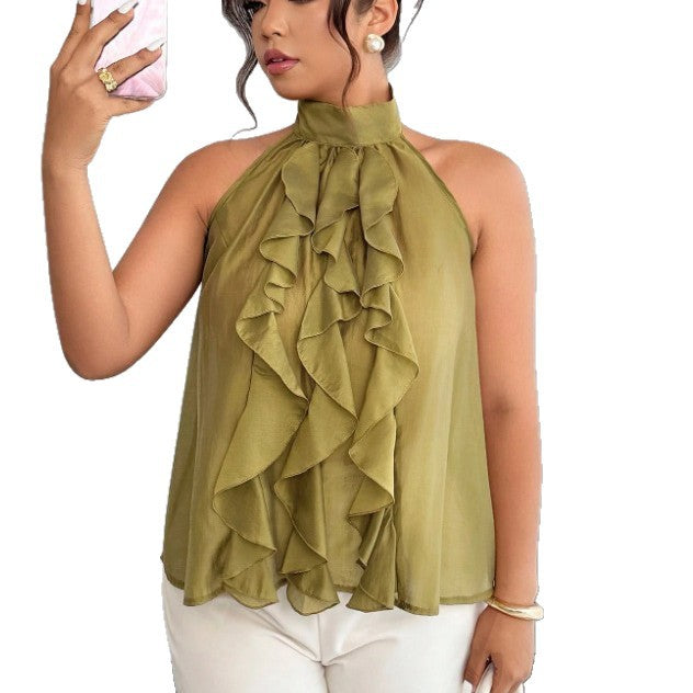 Plus-size Womens French-style Halter Top With Ruffled Hem
