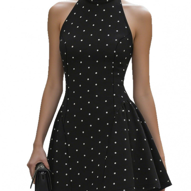 Sleeveless Waist-cinched Black Polka-dot Dress
