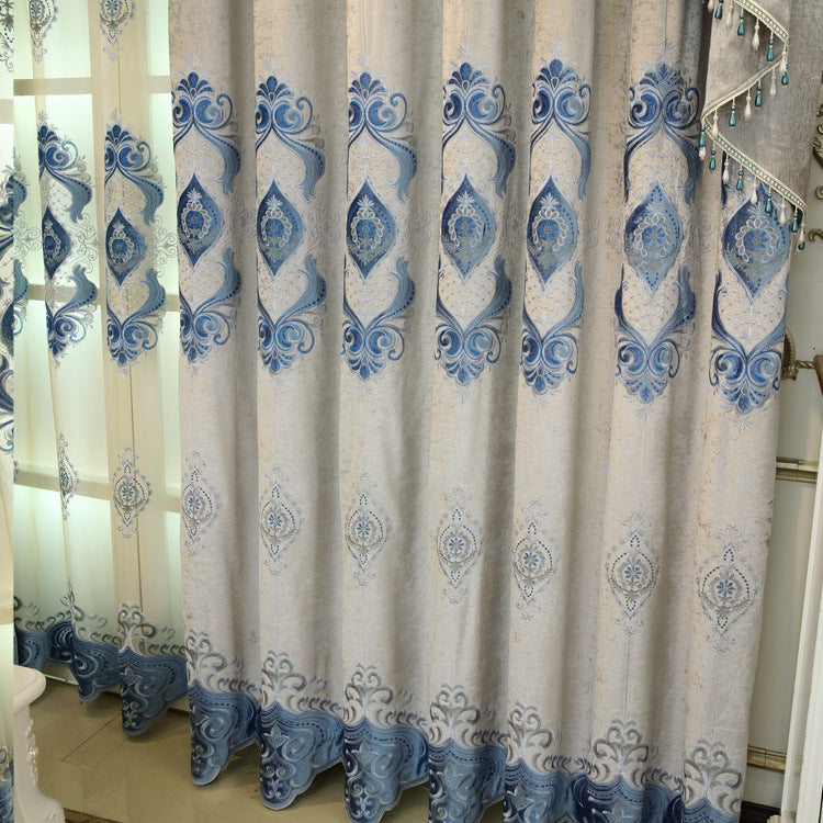 Blue Chenille Embroidered Curtains for Living Room Bedroom