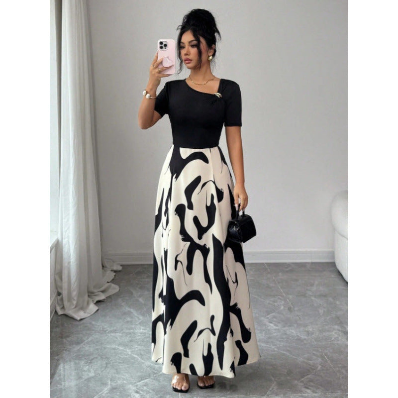 Womens Versatile Lace-up Waist-cinching Printed Dress