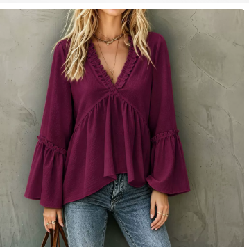 Womens French-style Frilled-edge V-neck White Blouse