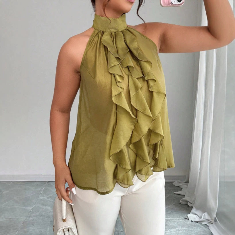 Plus-size Womens French-style Halter Top With Ruffled Hem