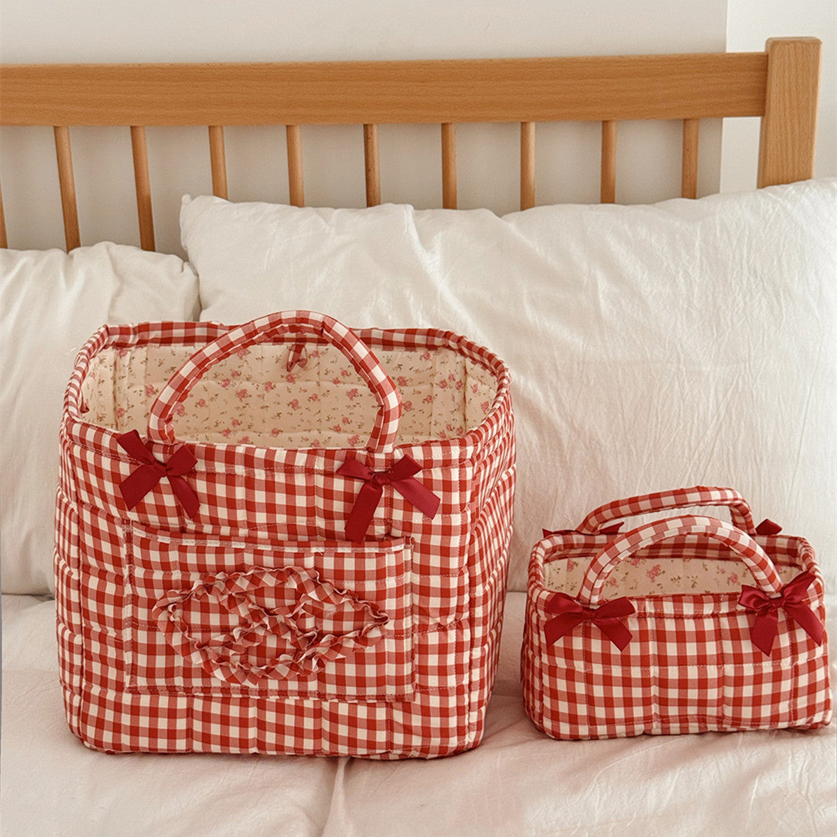 Retro gewatteerd sweet bow embellished handzaam opbergmand