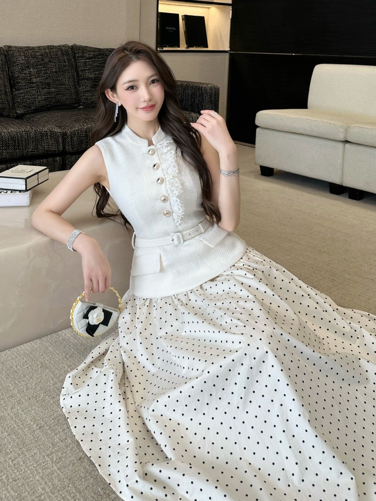 Sleeveless Faux Two-piece Spliced Polka-dot Dress
